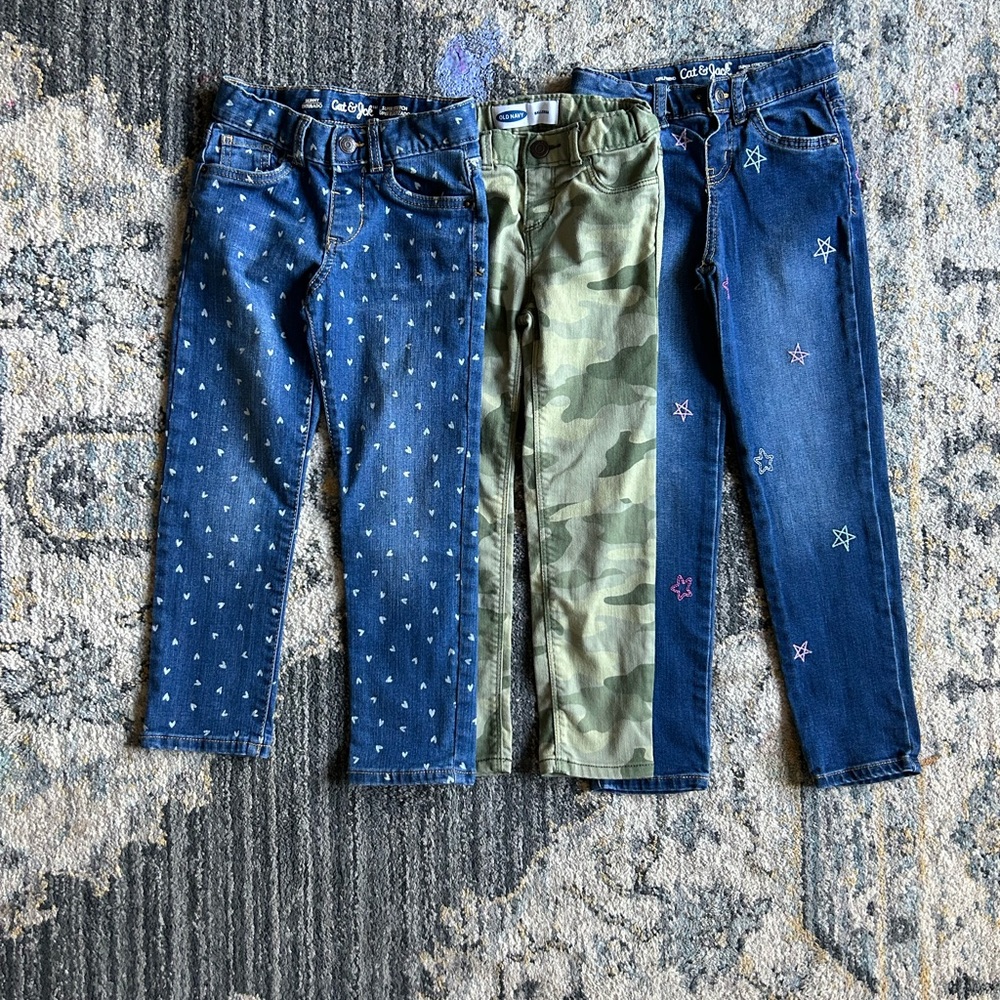 Super cute lot three pairs of toddler girls size 5T pants all adjustable waist.